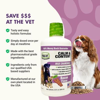 Show full view: Liquid-Vet Calm & Content Support Bacon Flavor Liquid Calming Supplement for Dogs, 32-fl oz bottle slide 6 of 9