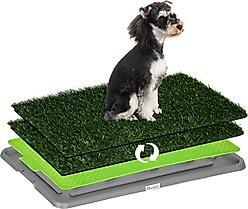PawHut Indoor Outdoor Dog Grass Pad with Tray & 2 Artificial Washable Grass Pee Pads, 26 x 16-in