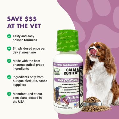 Show full view: Liquid-Vet Calm & Content Support Pot Roast Flavor Liquid Calming Supplement for Dogs, 8-oz bottle, 2 count slide 6 of 10