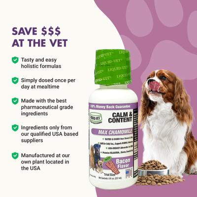 Show full view: Liquid-Vet Calm & Content Support Bacon Flavor Liquid Calming Supplement for Dogs, 8-oz bottle, 2 count slide 6 of 9