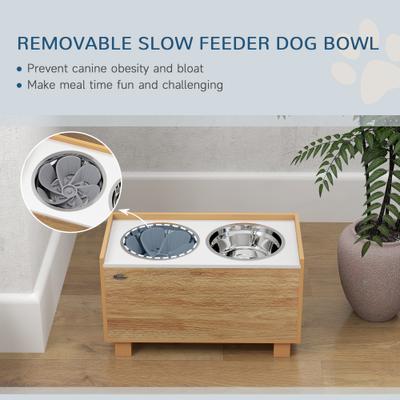 Show full view: PawHut Elevated Slow Feeder Dog Bowls with Storage, Oak, 14 x 23.6 x 11.8-in slide 4 of 9