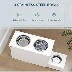PawHut Elevated Slow Feeder Dog Bowls with Storage & 3 Stainless Steel Bowls, White, 23.6 x 11.8 x 13.8-in slide 2 of 9