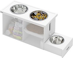 PawHut Elevated Slow Feeder Dog Bowls with Storage & 3 Stainless Steel Bowls, White, 23.6 x 11.8 x 13.8-in