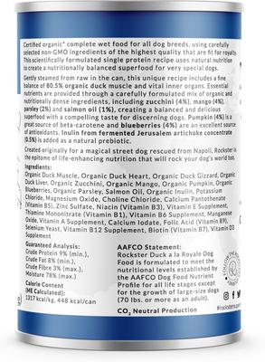Show full view: Rockster Duck a la Royale Complete Organic Duck Recipe Wet Dog Food, 12-oz can, case of 12 slide 3 of 5