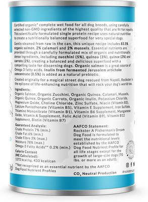 Show full view: Rockster Fisherman's Dream Complete Organic Salmon Recipe Wet Dog Food, 12-oz can, case of 12 slide 3 of 5