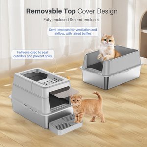 Aphyxen Stainless Steel Enclosed Cat Litter Box, Grey