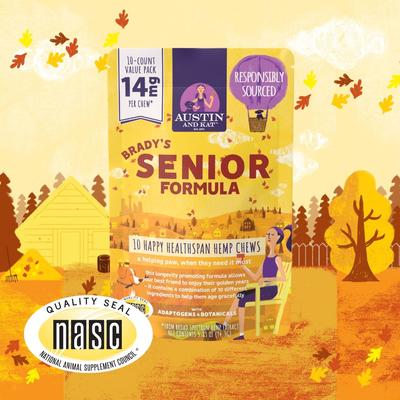 Show full view: Austin and Kat Brady's All-in-1 Senior Support 14mg Broad Spectrum Hemp Chews Supplement for Dogs, 10 count slide 4 of 6