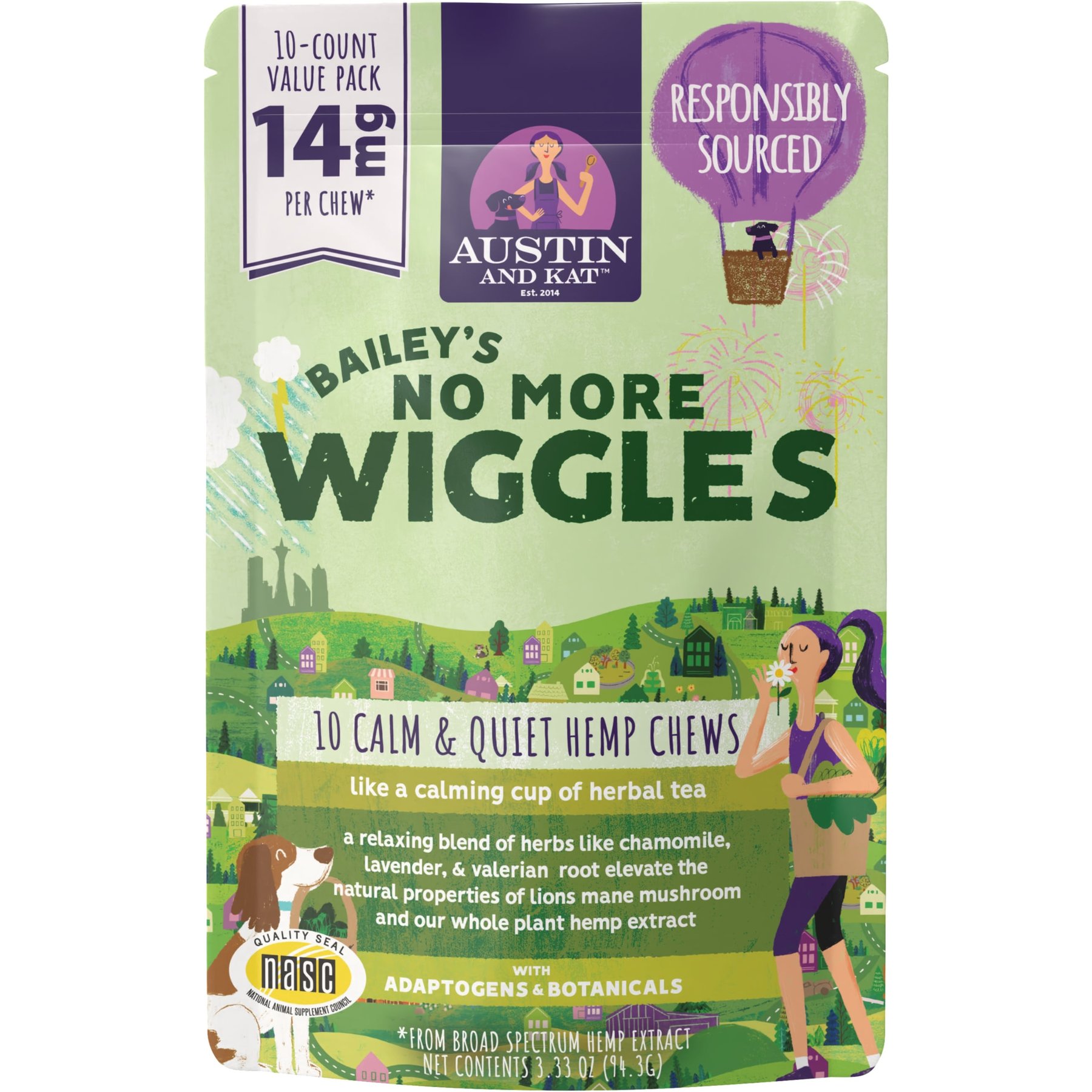 Austin and Kat Bailey's Calm & Quiet 14mg Broad Spectrum Hemp Chews Supplement for Dogs, 10 count