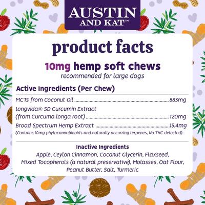 Show full view: Austin and Kat Calming 10mg Broad Spectrum Hemp Chews Supplement for Dogs, 10 count slide 5 of 6