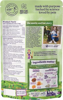 Show full view: Austin and Kat Bailey's Calm & Quiet 14mg Broad Spectrum Hemp Chews Supplement for Dogs, 10 count slide 3 of 7