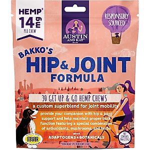 Austin and Kat Bakko's Total Hip & Joint 14mg Broad Spectrum Hemp Chews Supplement for Dogs, 30 count