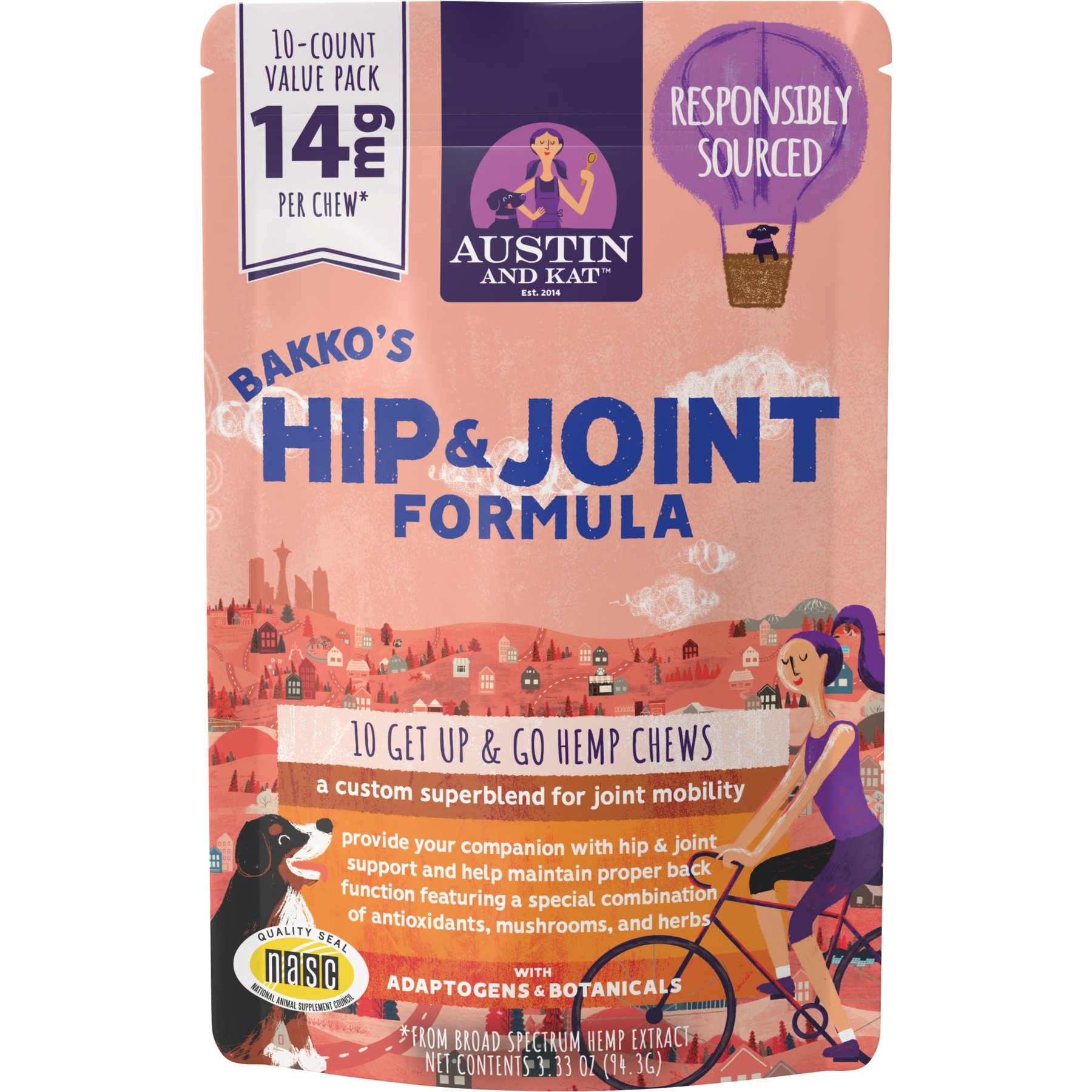 Austin and Kat Bakko's Hip & Joint with Glucosamine and Mushrooms 14mg Broad Spectrum Hemp Chews Supplement for Dogs, 10 count