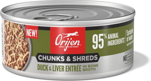 Show full view: ORIJEN Duck & Liver Entree Chunks & Shreds Wet Cat Food, 5.5-oz can, case of 6 slide 3 of 10