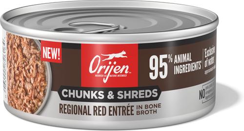Show full view: ORIJEN Regional Red Entree Chunks & Shreds Wet Cat Food, 5.5-oz can, case of 6 slide 3 of 10