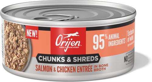 Show full view: ORIJEN Salmon & Chicken Entree Chunks & Shreds Wet Cat Food, 5.5-oz can, case of 6 slide 3 of 10
