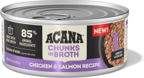 Show full view: ACANA Chicken & Salmon Chunks in Broth for Kittens Wet Cat Food, 5.5-oz can, case of 6 slide 3 of 11