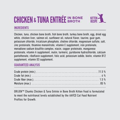 Show full view: ORIJEN Chunks & Shreds Kitten Chicken & Tuna Entree Wet Cat Food, 3-oz can, case of 12 slide 6 of 9
