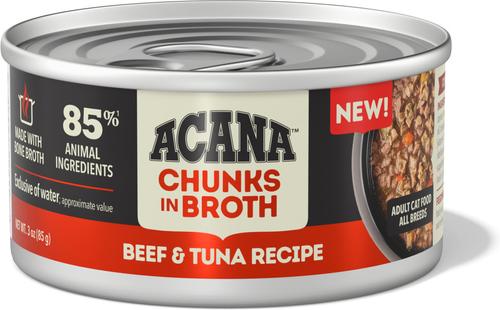 Show full view: ACANA Beef & Tuna Chunks in Broth Wet Cat Food, 3-oz can, case of 12 slide 3 of 11
