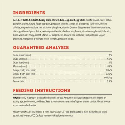 Show full view: ACANA Beef & Tuna Chunks in Broth Wet Cat Food, 3-oz can, case of 12 slide 6 of 11