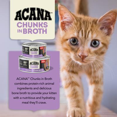 Show full view: ACANA Chicken & Salmon Chunks in Broth for Kittens Wet Cat Food, 3-oz can, case of 12 slide 9 of 11
