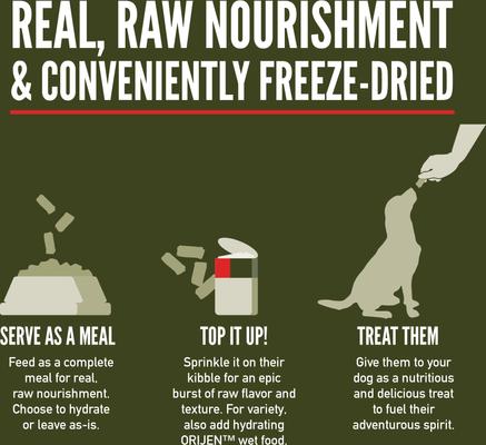 Show full view: ORIJEN Tundra Epic Bites Freeze-Dried Dry Food, 6-oz bag + Tundra & Original Variety Pack Real Meat Shreds Wet Dog Food, 12.8-oz can, case of 6 slide 9 of 9