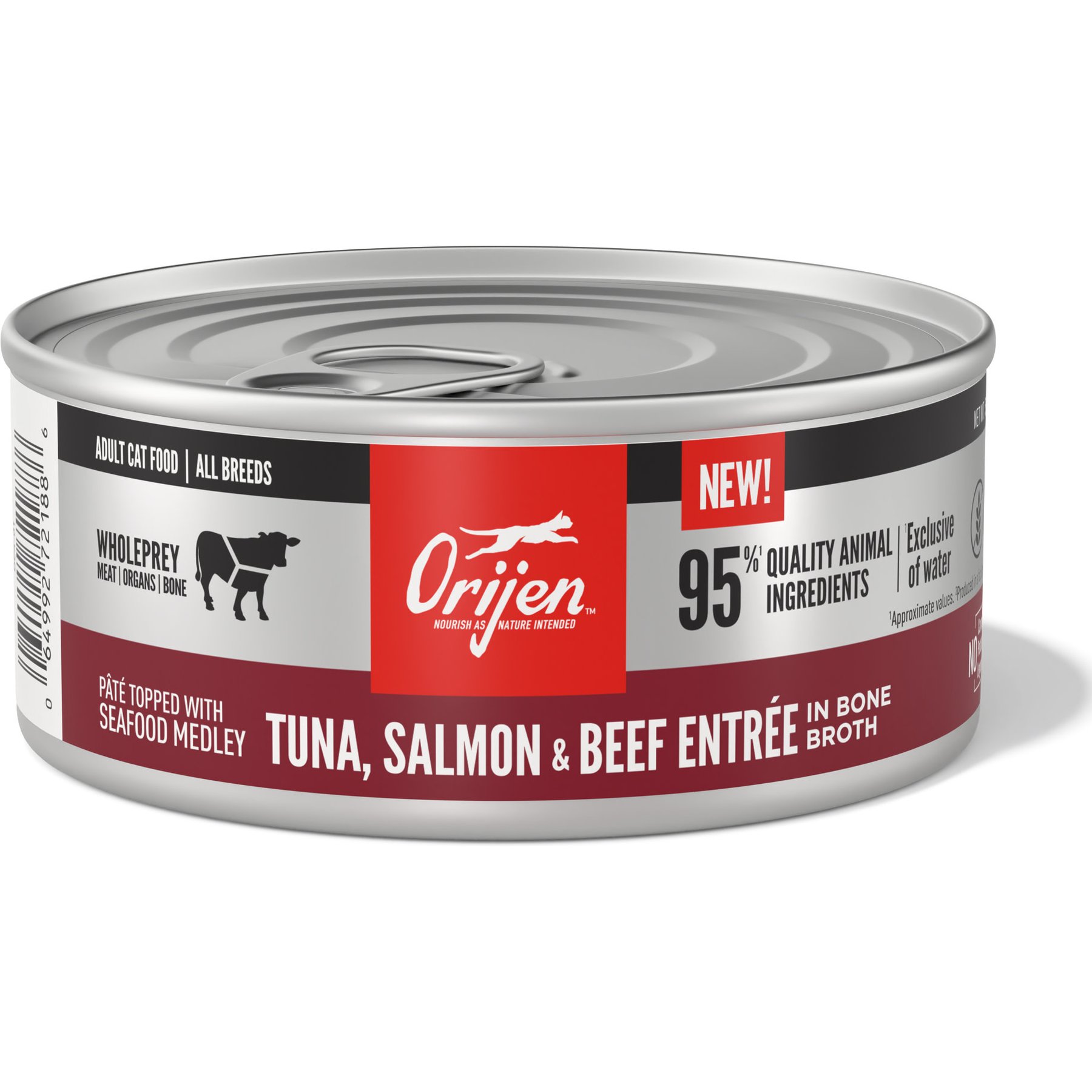 ORIJEN Premium Tuna Salmon & Beef Entree in Bone Broth Pate Wet Cat Food, 3-oz can, case of 4
