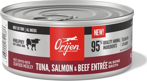Show full view: ORIJEN Premium Tuna Salmon & Beef Entree in Bone Broth Pate Wet Cat Food, 5.5-oz can, case of 12 slide 3 of 12