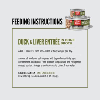 Show full view: ORIJEN Duck & Liver Entree Chunks & Shreds Wet Cat Food, 5.5-oz can, case of 6 slide 8 of 10