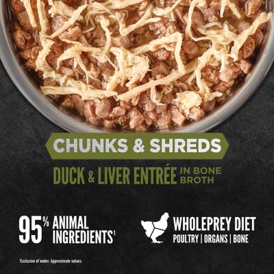 Show full view: ORIJEN Duck & Liver Entree Chunks & Shreds Wet Cat Food, 3-oz can, case of 12 slide 6 of 10