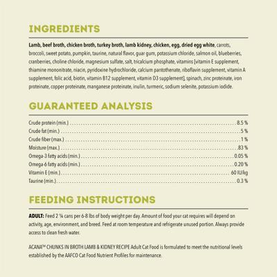 Show full view: ACANA Lamb & Kidney Chunks in Broth Wet Cat Food, 3-oz can, case of 12 slide 6 of 11