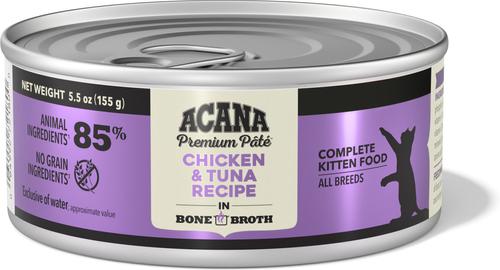 Show full view: ACANA Premium Chicken & Tuna in Bone Broth Pate Kitten Wet Cat Food, 5.5-oz can, case of 6 slide 3 of 12
