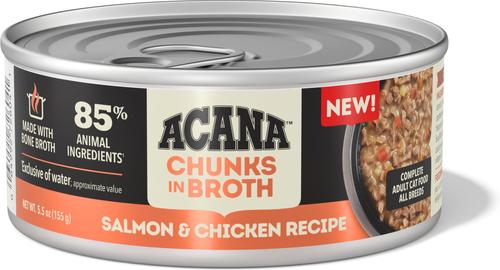 Show full view: ACANA Salmon & Chicken Chunks in Broth Wet Cat Food, 5.5-oz can, case of 6 slide 3 of 11