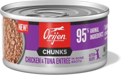 Show full view: ORIJEN Chunks & Shreds Kitten Chicken & Tuna Entree Wet Cat Food, 3-oz can, case of 12 slide 3 of 9