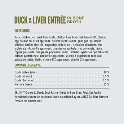 Show full view: ORIJEN Duck & Liver Entree Chunks & Shreds Wet Cat Food, 3-oz can, case of 12 slide 7 of 10