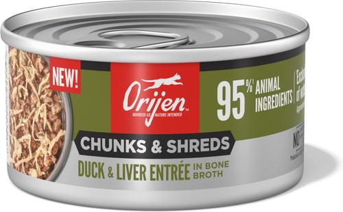 Show full view: ORIJEN Duck & Liver Entree Chunks & Shreds Wet Cat Food, 3-oz can, case of 12 slide 3 of 10