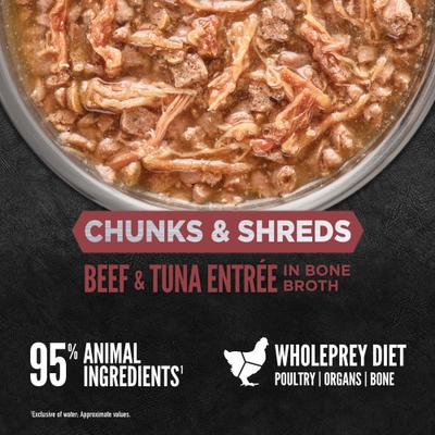 Show full view: ORIJEN Beef & Tuna Entree Chunks & Shreds Wet Cat Food, 3-oz can, case of 12 slide 6 of 10