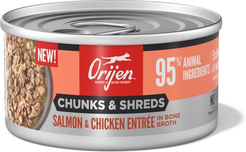Show full view: ORIJEN Salmon & Chicken Entree Chunks & Shreds Wet Cat Food, 3-oz can, case of 12 slide 3 of 10