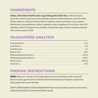 Show full view: ACANA Chicken & Salmon Chunks in Broth for Kittens Wet Cat Food, 3-oz can, case of 12 slide 6 of 11