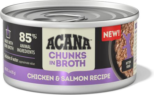 Show full view: ACANA Chicken & Salmon Chunks in Broth for Kittens Wet Cat Food, 3-oz can, case of 12 slide 3 of 11