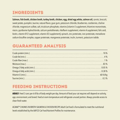 Show full view: ACANA Salmon & Chicken Chunks in Broth Wet Cat Food, 3-oz can, case of 12 slide 6 of 11