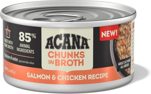 Show full view: ACANA Salmon & Chicken Chunks in Broth Wet Cat Food, 3-oz can, case of 12 slide 3 of 11