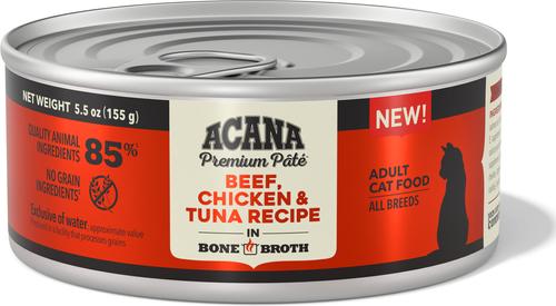 Show full view: ACANA Premium Beef Chicken & Tuna in Bone Broth Pate Wet Cat Food Recipe, 5.5-oz can, case of 12 slide 3 of 12
