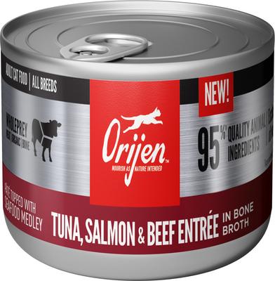 Show full view: ORIJEN Premium Tuna Salmon & Beef Entree in Bone Broth Pate Wet Cat Food, 3-oz can, case of 24 slide 3 of 11