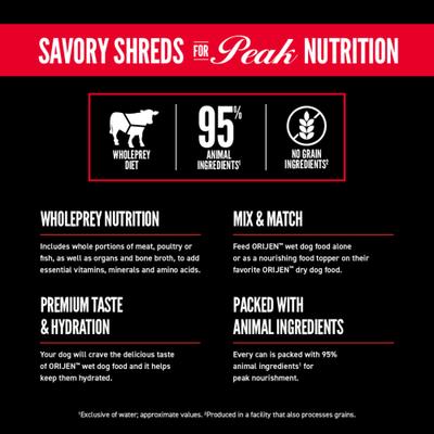 Show full view: ORIJEN Real Meat Shreds Beef Stew Wet Dog Food Recipe, 12.8-oz can, case of 12 slide 5 of 13