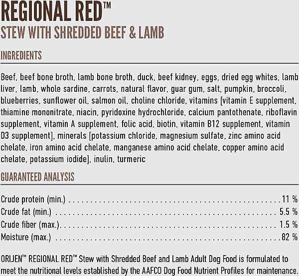 Show full view: ORIJEN Real Meat Shreds Regional Red Stew Wet Dog Food, 12.8-oz can, case of 12 slide 8 of 13