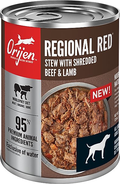 Show full view: ORIJEN Real Meat Shreds Regional Red Stew Wet Dog Food, 12.8-oz can, case of 12 slide 3 of 13