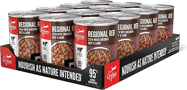 Show full view: ORIJEN Real Meat Shreds Regional Red Stew Wet Dog Food, 12.8-oz can, case of 12 slide 1 of 13