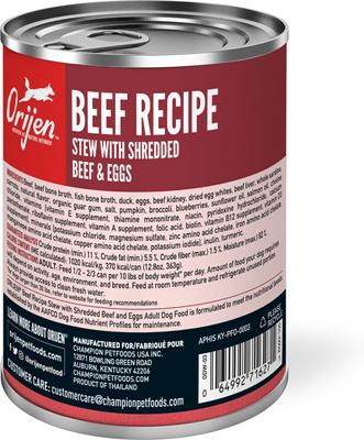 Show full view: ORIJEN Real Meat Shreds Beef Stew Wet Dog Food Recipe, 12.8-oz can, case of 12 slide 4 of 13
