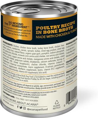 Show full view: ACANA Premium Chunks Poultry in Bone Broth Grain-Free Wet Dog Food, 12.8-oz can, case of 12 slide 4 of 12