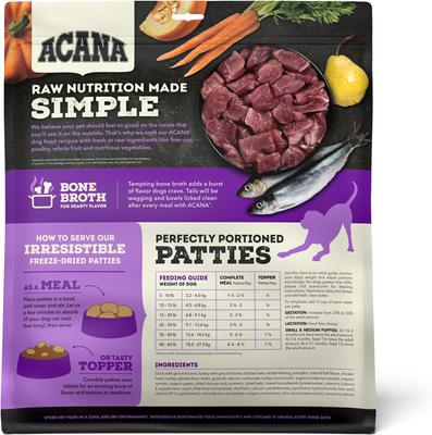 Show full view: ACANA Free-Run Duck Patties Grain-Free High-Protein Freeze-Dried Dog Food & Topper, 14-oz bag slide 3 of 11